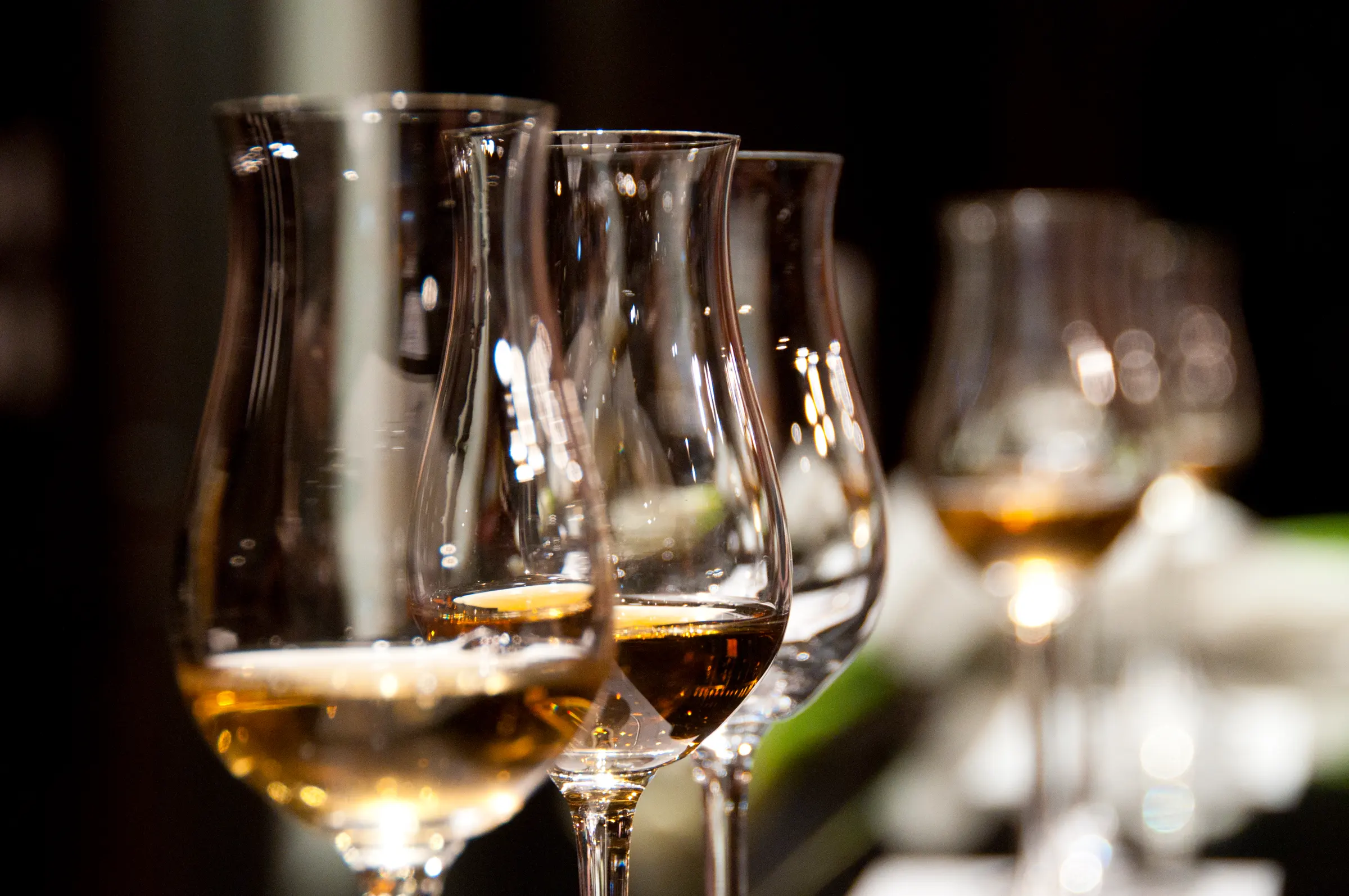 A row of tasting glasses on a bar